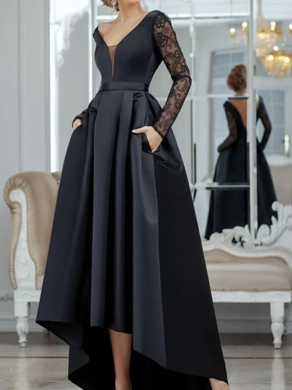 Vestido formal Cuello en V Mangas largas Encaje negro Vestidos largos de fiesta Alto bajo Vestidos formales negros Vestidos de noche de encaje negro